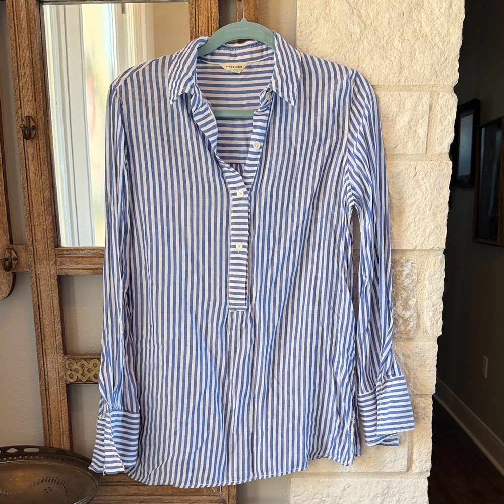 Max Studio Blue and White Striped Tunic